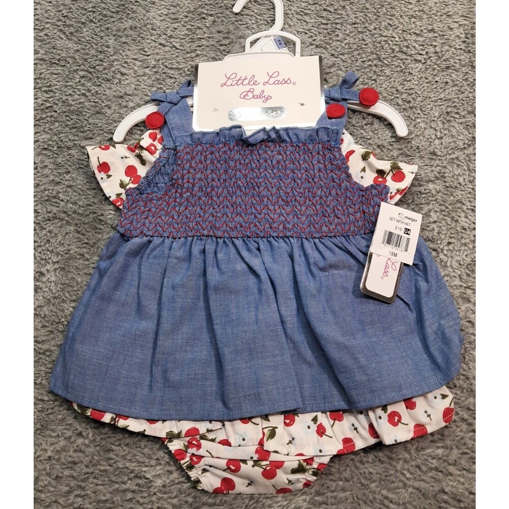New Little Lass Baby Girls Sz 18 M 3 Piece Outfit Tank Top Shirt Hat Bloomers